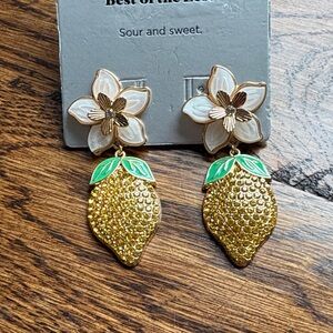 Gold & White Floral Lemon Drop Earrings with Green Leaves